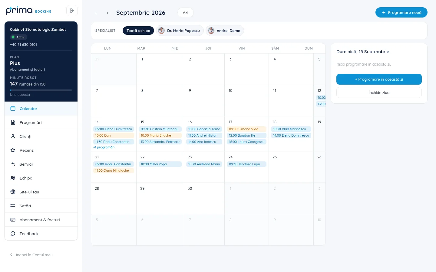 Panoul Prima Booking: calendarul lunii cu programările contului demo