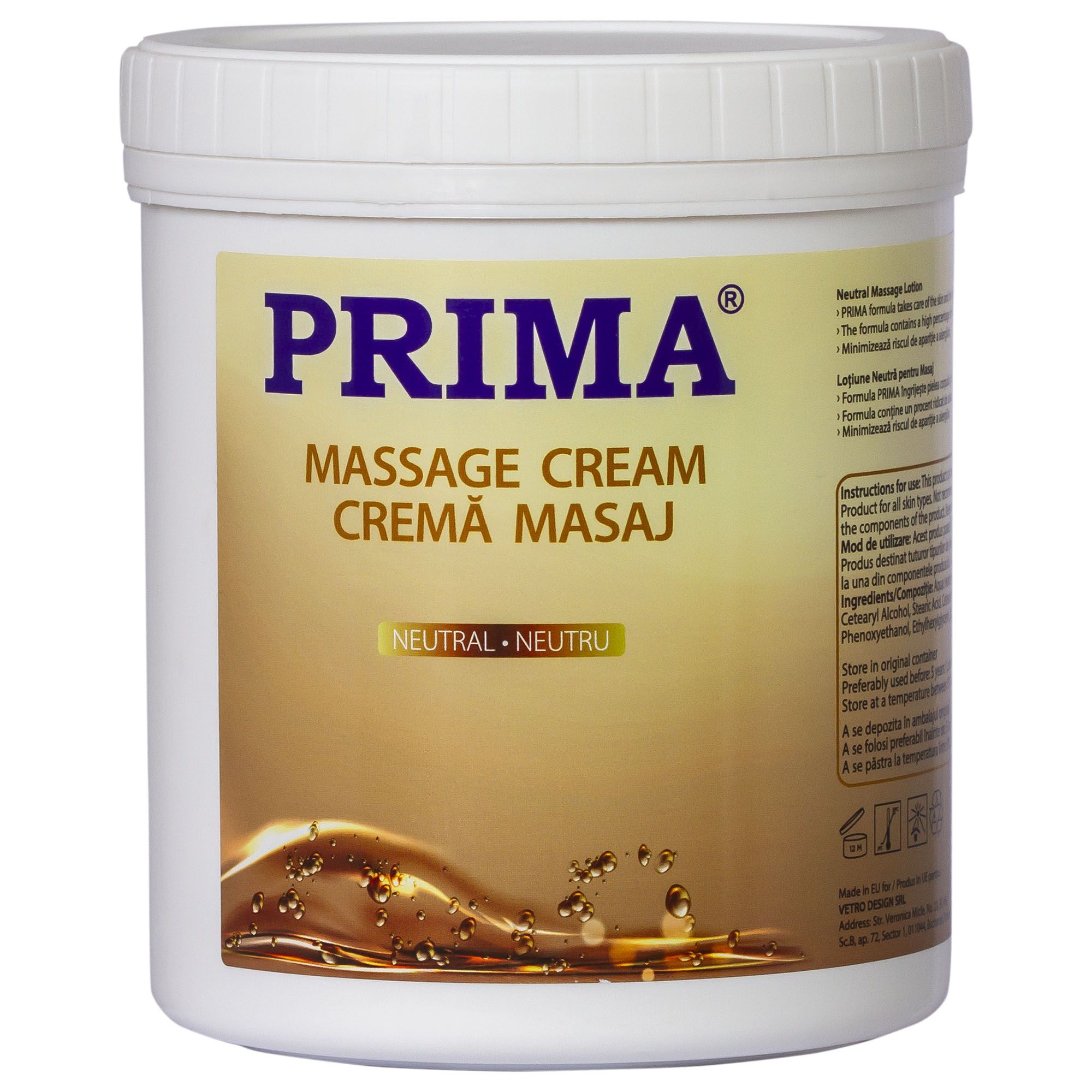 Crema masaj profesional, Neutra, PRIMA, pentru piele sensibila, 1 litru