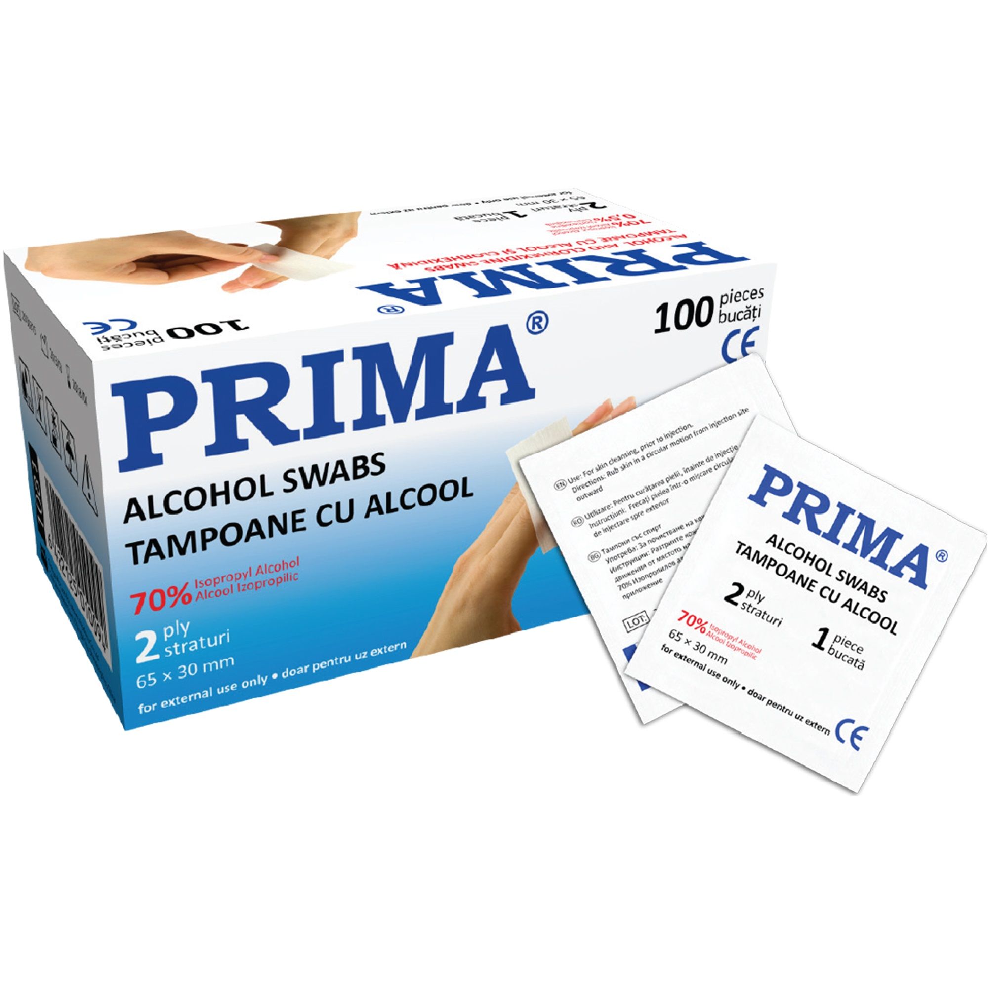 Tampoane impregnate cu alcool, PRIMA, 100 bucati, 6.5 x 3 cm, sterile
