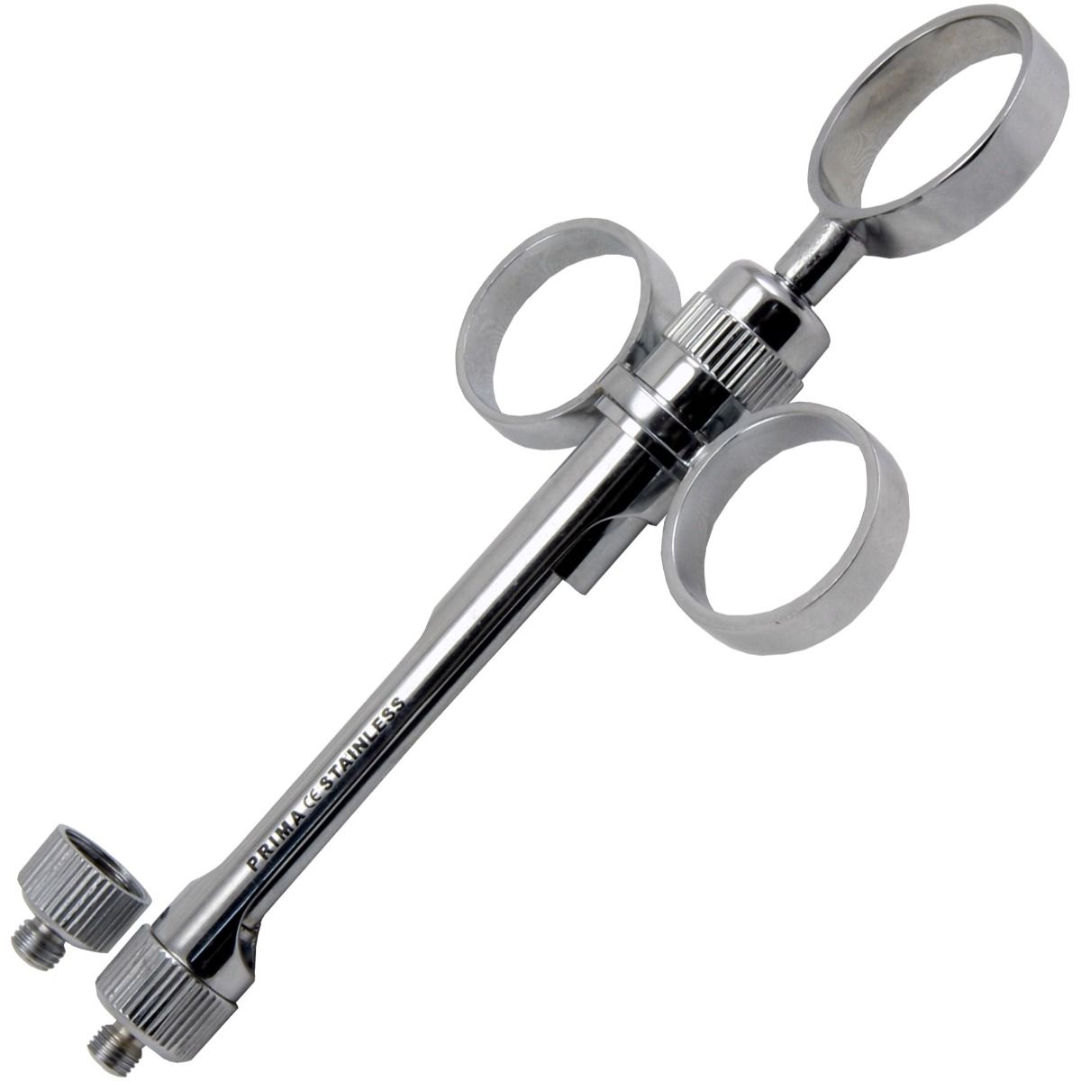 Seringa anestezie PRIMA din otel inoxidabil, 14 cm, cu 2 varfuri, surub metric si inch, 3 inele, aspiratie manuala, pentru anestezie locala stomatologica