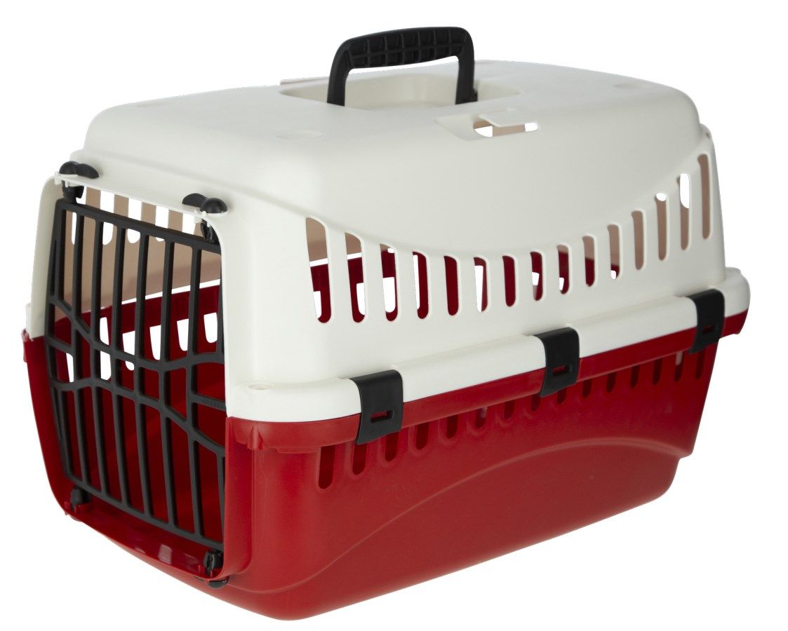 Cusca transport pisici si catei, din plastic, cu usa de plastic si fante auto, crem/bordo, 45x30x30 cm - cutie transport animale mici pana la 10 kg