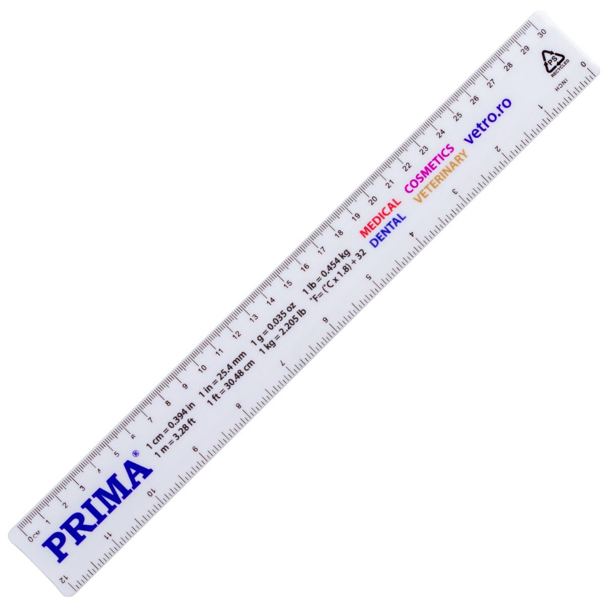 Rigla din plastic PRIMA 30 cm, cu gradatii cm si inch, alba, pentru masurare si trasare